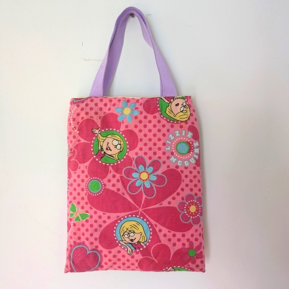 Lizzie McGuire Pink Floral Small Handmade Quilted Tote Bag with Cartoon Designs